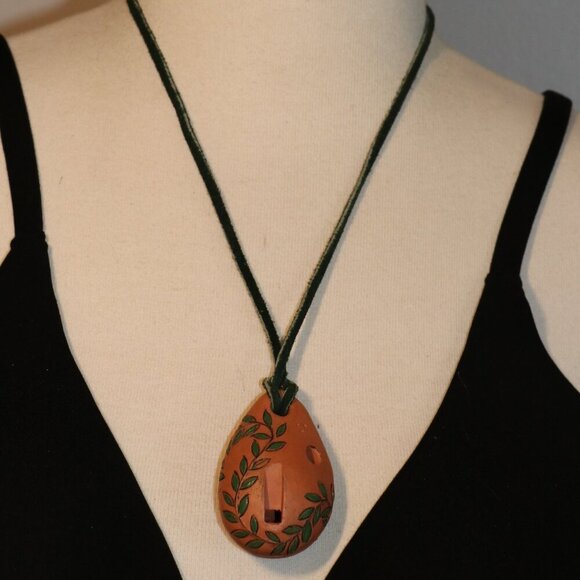 22" Clay Ocarina Wind Instrument Necklace With Handpainted Vines and Dragon Fly - Picture 1 of 6